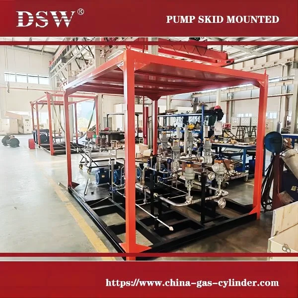 DSW LNG pump skid designed for LNG, LIN, LOX, LAR, LCO2, and LN2O cryogenic liquid handling.